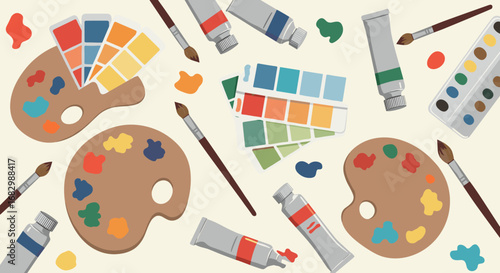 Creative painting tools pattern with palettes, brushes, and paint tubes