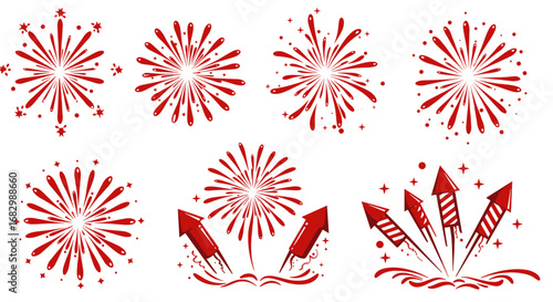 Festive red firework bursts and rockets on white background for celebrations