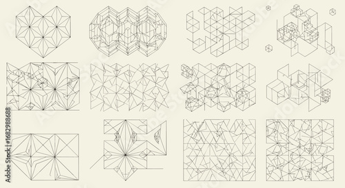 Geometric abstract patterns with intricate mesh and wireframe designs