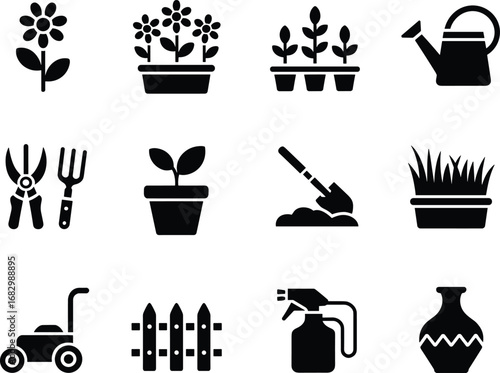 Gardening icons, plant pots, watering can, pruning shears, shovel tools, lawn mower, fence design, spray bottle, vase decor, outdoor elements