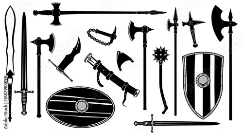 Medieval weaponry collection featuring swords, axes, and shields in silhouette style
