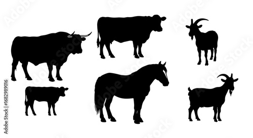 Farm animal silhouettes set featuring horses, cows, and goats