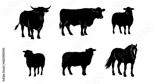 Silhouette farm animals collection: bull, cow, sheep, horse on white background