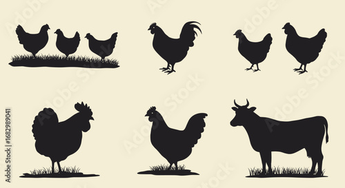 Farm animal silhouettes: rooster, hen, cow set on pasture scene
