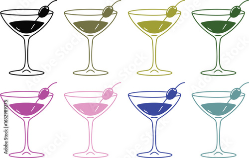 Collection of eight colorful cocktail drinks in martini glasses with garnishes