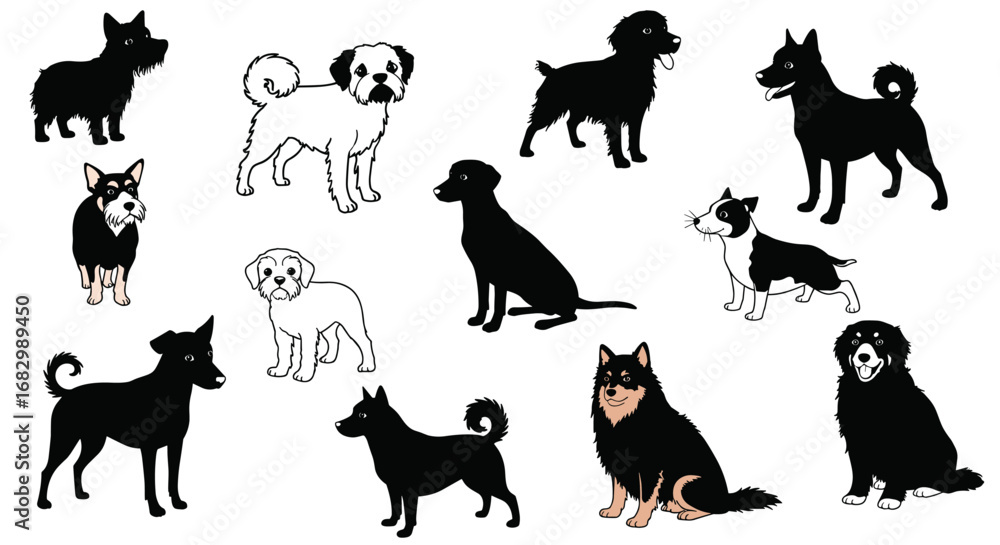 Fototapeta premium Silhouettes and outlined dogs: diverse breeds in black and white style