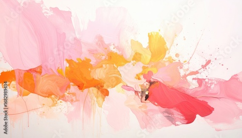 Abstract painting with flowing strokes of pink, orange, and yellow hues. Soft, blended textures give the impression of lightness and airy movement