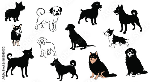 Silhouettes and outlined dogs: diverse breeds in black and white style