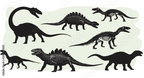 Silhouette dinosaur skeletons: prehistoric creatures in detailed fossil designs