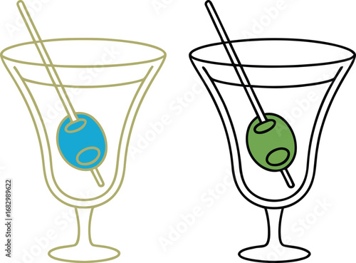 Two stylized martini glasses with olives and cocktail sticks
