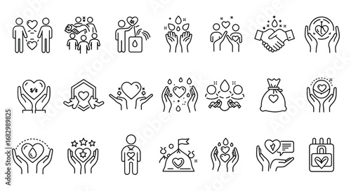 Linear icons of charity and giving: hands, hearts, and helping symbols for organizations