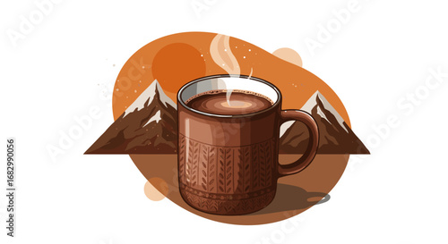 Cozy coffee mug with steaming hot beverage against mountain backdrop