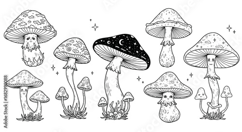 Whimsical mushrooms: unique black and white hand-drawn cartoon style