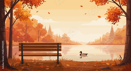 Autumn park with lake, duck, trees and bench in golden light, for relaxation and seasonal marketing themes