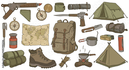 Camping essentials: detailed equipment set for outdoor adventure enthusiasts