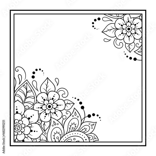 Frame in eastern tradition. Stylized with henna tattoos decorative pattern for decorating covers for book, notebook, casket, magazine, postcard and folder. Flower border in mehndi style.