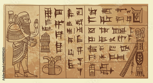 Ancient mesopotamian tablet with cuneiform writing and deity figure in vintage style