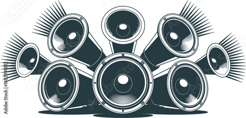 Abstract arrangement of multiple vintage audio speakers in a radiating pattern