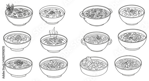 Collection of ramen bowl outlines featuring diverse ingredients