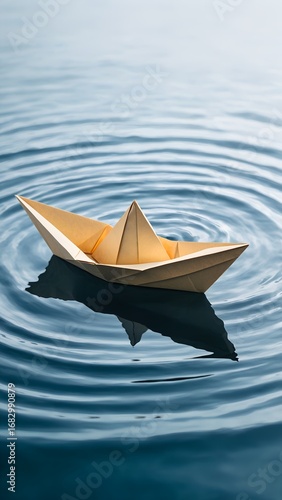 A paper boat drifts on a tranquil water surface.