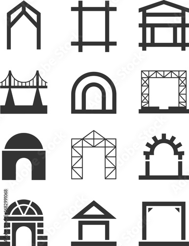 Architectural icons, bridge designs, arch structures, building frames, pavilion symbols, dome shapes, truss patterns, construction elements, infrastructure graphics, engineering silhouettes