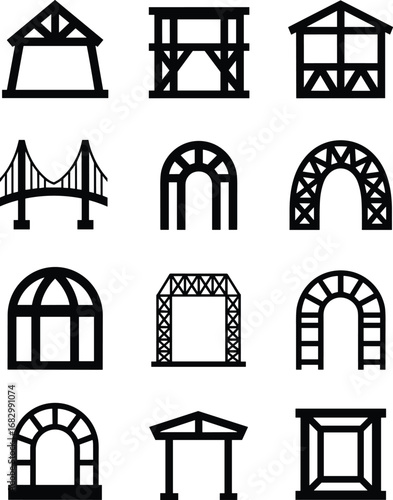 Architectural icons, bridge designs, arch structures, building frames, pavilion symbols, dome shapes, truss patterns, construction elements, infrastructure graphics, engineering silhouettes, 