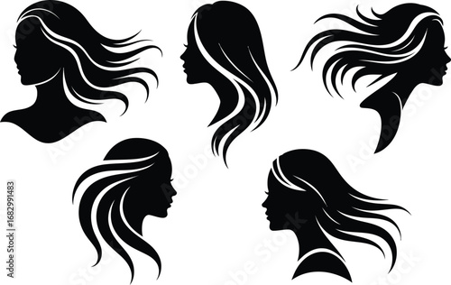 Elegant silhouette profiles of women with flowing wavy hair