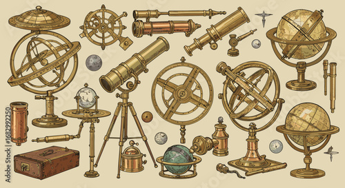 Vintage astronomy instruments and celestial bodies set