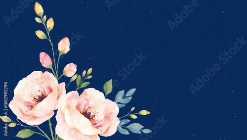 Romantic Pink Peony Watercolor on Navy Blue Background
