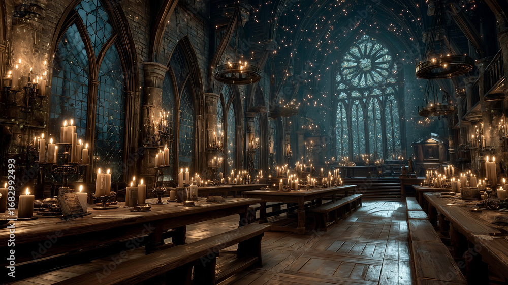 Fototapeta premium Dark medieval dining hall illuminated by candles and stained glass 