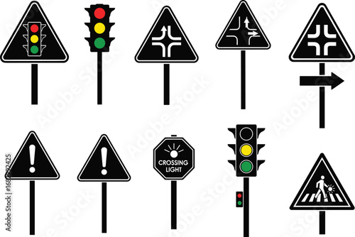 Traffic signs and road symbols illustration set with traffic lights, warning signals, direction arrows, pedestrian crossing, intersection signs, and caution icons vector