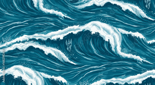 Turbulent ocean waves seamless pattern with dynamic brush strokes in blue