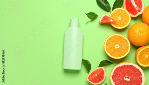 Flat lay of a green bottle nestled among orange slices, grapefruit halves, and fresh leaves on a light green background