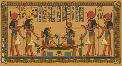 Ancient egyptian deities in traditional papyrus art style with hieroglyphs