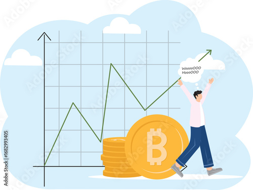 Bitcoin  investment, ingot or bullion price rising up, price gain or trading gold to make profit, financial or value increase concept, businessman investor with gold bullion rising up graph and chart.