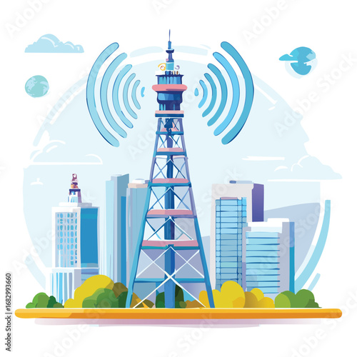5G communication tower for wireless hi-speed internet. Mobile network technology in city life concept. LTE aerial connection with satellite net. Mast of station of the broadcasting cellular	
