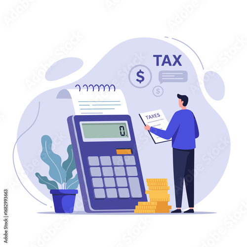 Businessman calculating taxes using a calculator with financial reports  