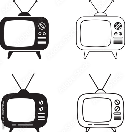 Retro television set illustrations featuring classic antennas and dial controls