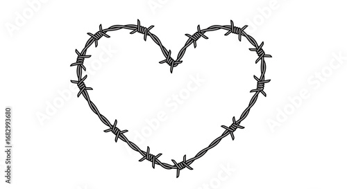 Barbed wire heart in minimalist black and white design