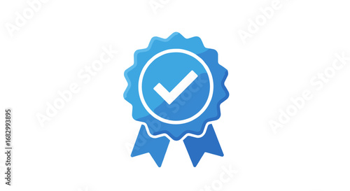 Blue badge with checkmark ribbon for quality assurance and approval