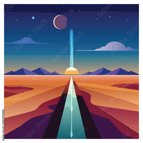 Futuristic alien landscape with glowing path and twin moons science fiction sci with Vector Design