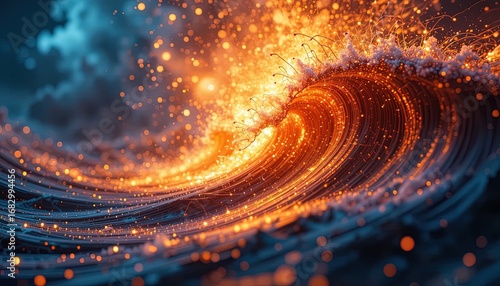 A mesmerizing wave of fiery orange and gold, illuminated by dazzling sparks and tiny lights, cascades across a dark backdrop.
