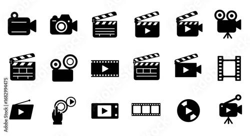 Film and video icons set: silhouette movie making elements for multimedia projects