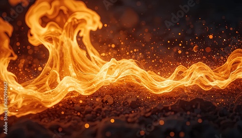 A dynamic display of fiery orange flames, swirling and flowing over a dark ground scattered with sparkling particles.