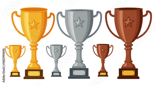 Gold, silver, and bronze trophies - set of five reward cups with stars
