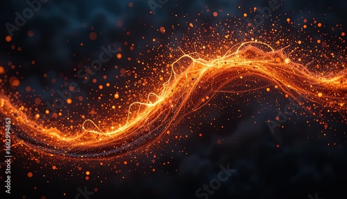 A dynamic display of fiery orange particles flowing in a smooth, wavy pattern against a dark backdrop.