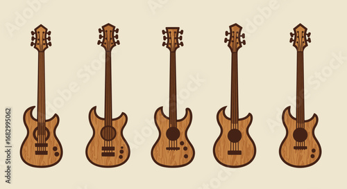 Collection of wooden electric guitars with varied design on beige background
