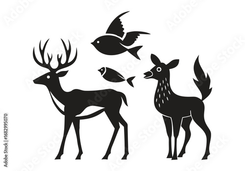 Silhouette of a deer, fox, bird and fish vector illustration with Vector Design