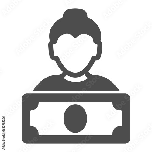 Woman and banknote solid icon, salary payment concept, person with paper dollar money vector sign on white background, glyph style icon for mobile concept and web design. Vector graphics.