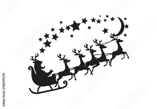Silhouette of Santa Claus in sleigh pulled by reindeer across stars christmas with Vector Design
